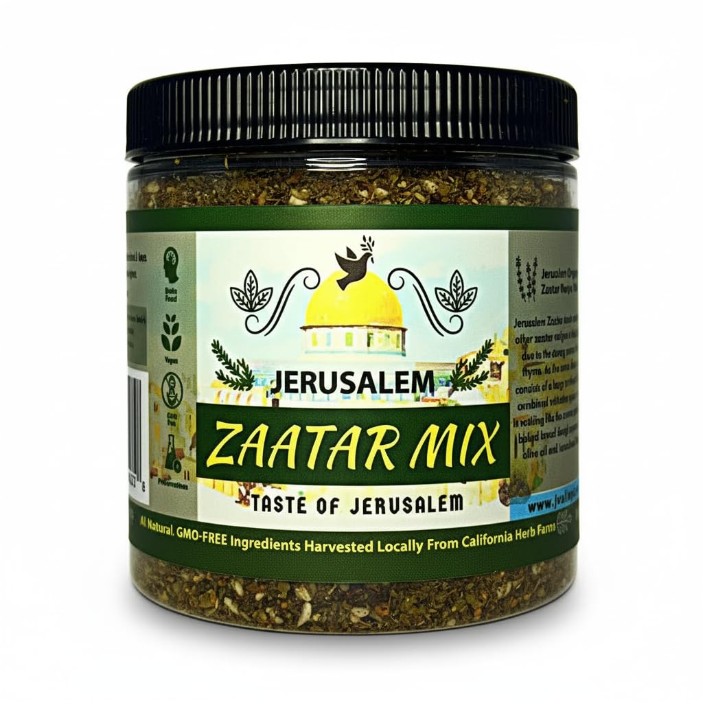 Julian's Valleys Jerusalem Za'atar spice jar highlights authentic flavor for Middle Eastern dishes.