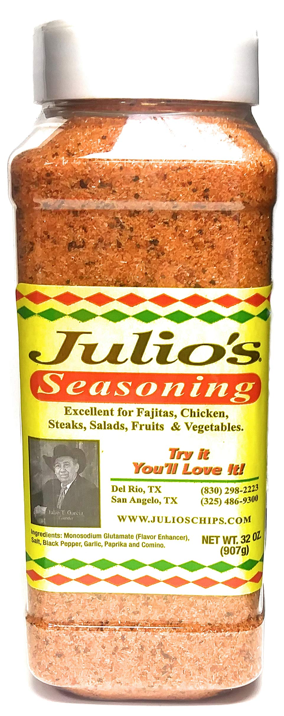 Julio's Seasoning restaurant bottle 32oz on kitchen counter for bold Tex-Mex flavor.