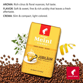 Julius Meinl Jubilaum coffee beans—aroma hints of citrus and floral notes.