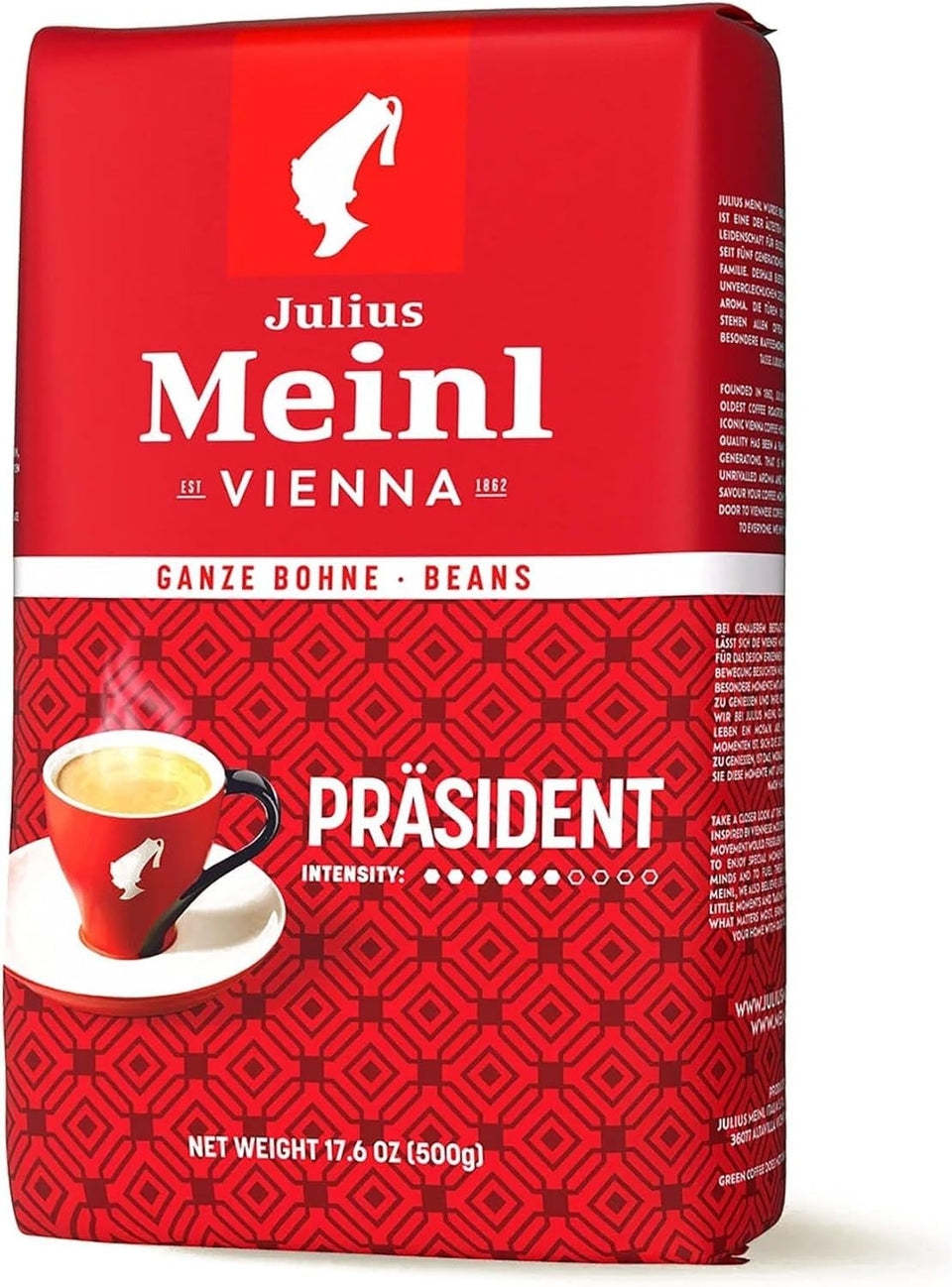 Julius Meinl Präsident whole bean coffee bag showcasing premium blend aroma