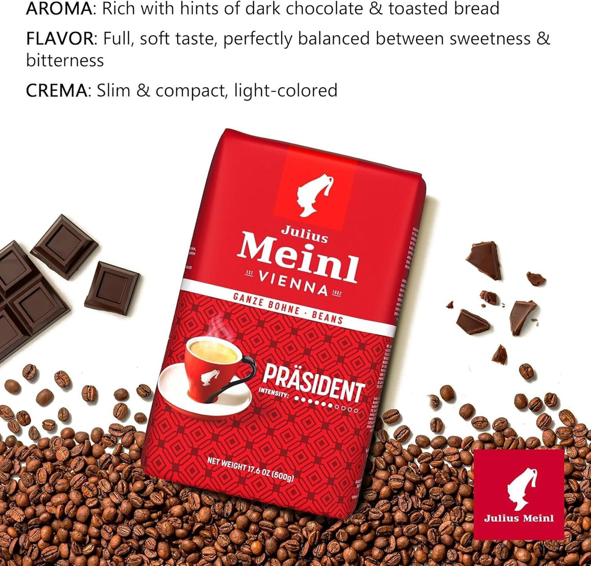 A cup of Präsident espresso demonstrates its full-bodied profile for Italian-style brews