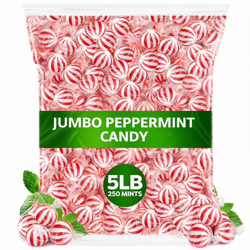 Jumblet peppermint hard candy balls bulk in a glass jar for festive displays.