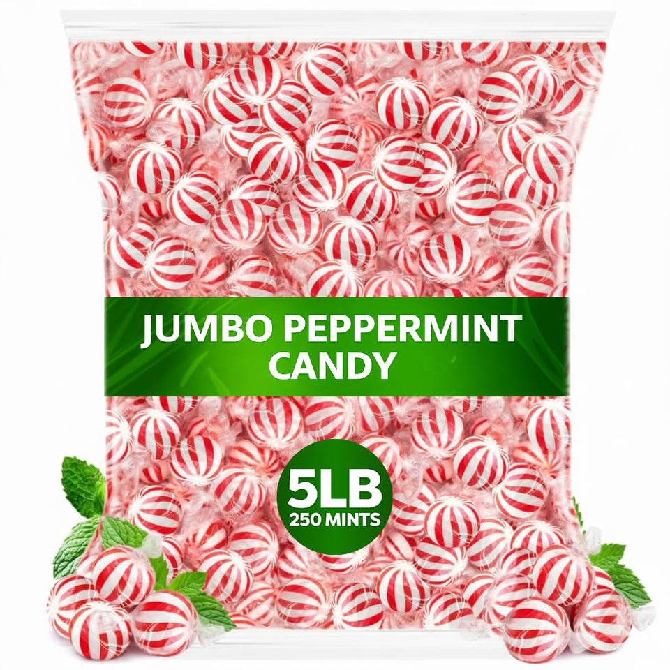 Jumblet peppermint hard candy balls bulk in a glass jar for festive displays.
