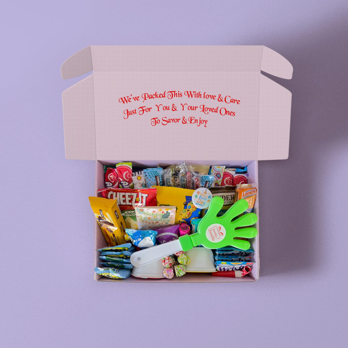 JUMBO JUMBLE birthday gift box with treats and favors, ready to surprise.