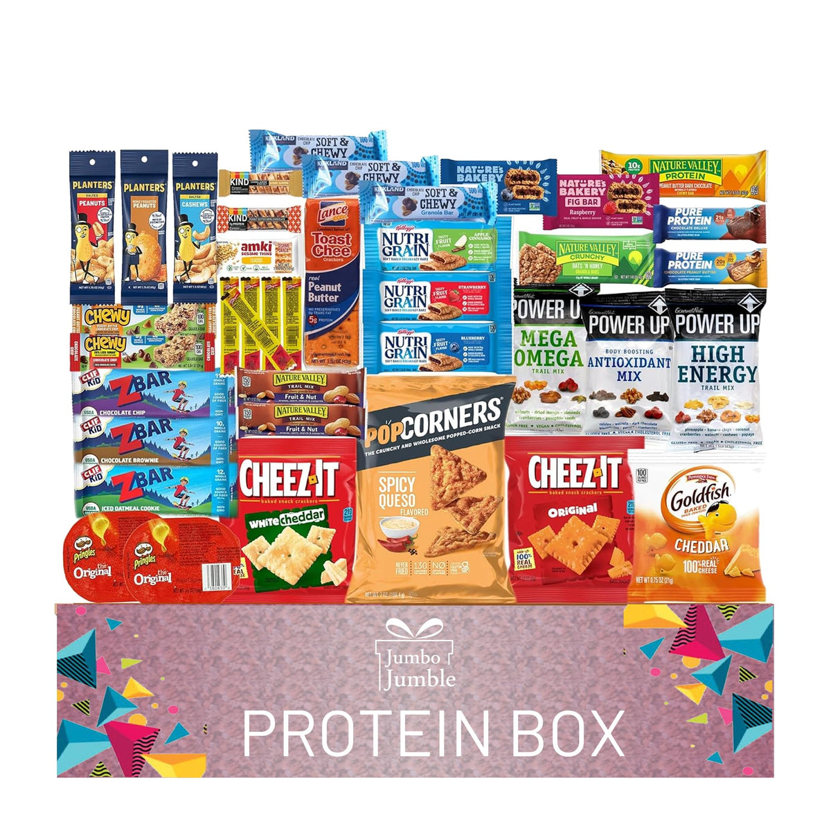 Jumbo Jumble snack box 40-count packaging showcases assorted protein snacks for easy gifting