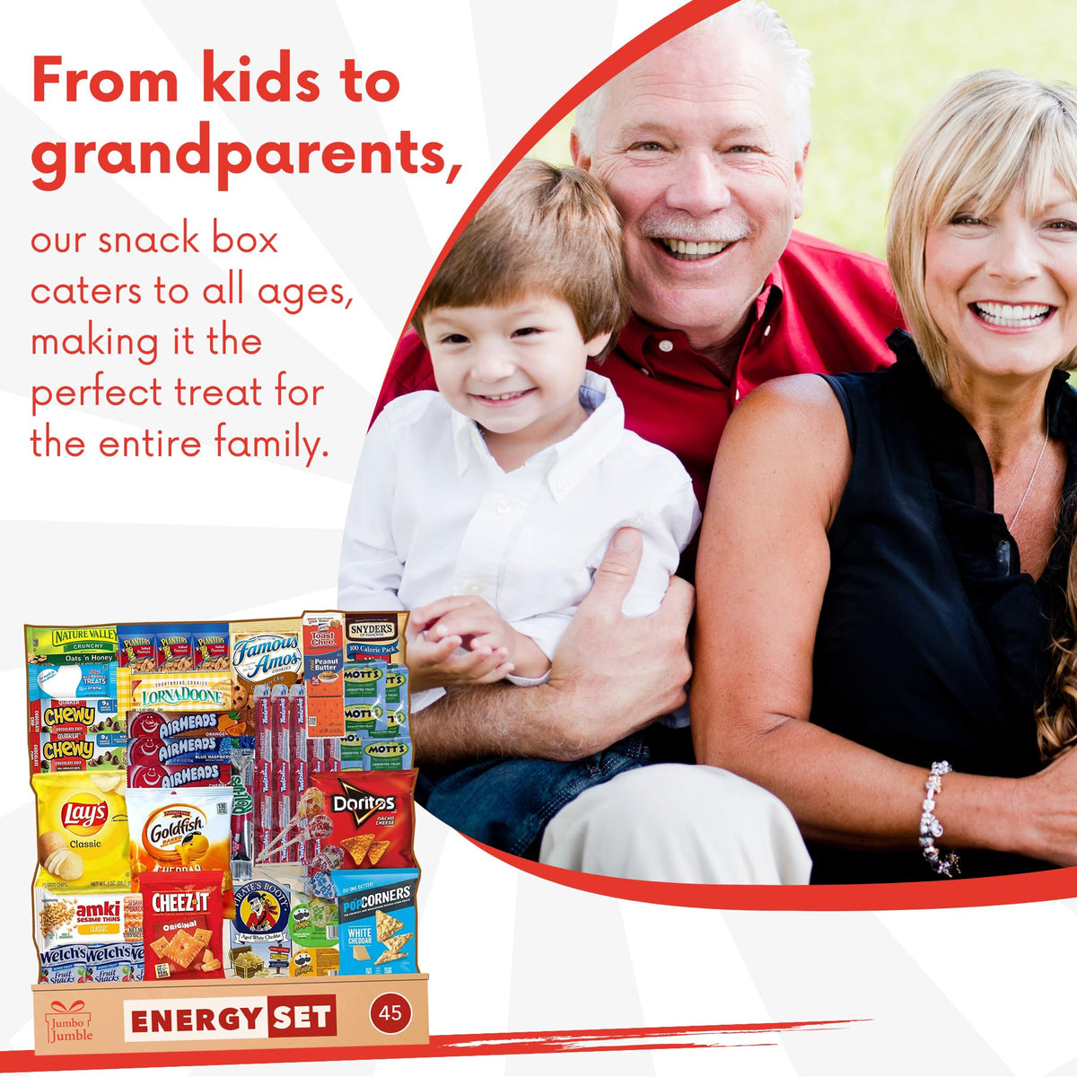 Gift-ready Jumbo Jumble snack box showcasing a diverse snack assortment for celebrations.