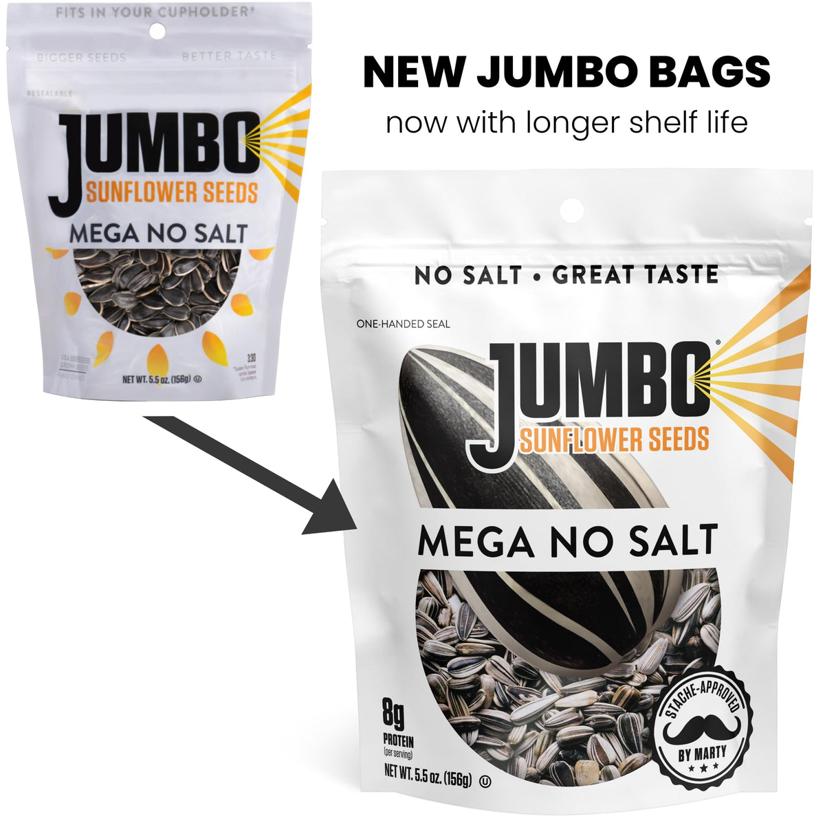 JUMBO SUNFLOWER SEEDS no-salt roasted display highlighting low-sodium, flavor-forward snack.