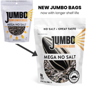 JUMBO SUNFLOWER SEEDS no-salt roasted display highlighting low-sodium, flavor-forward snack.