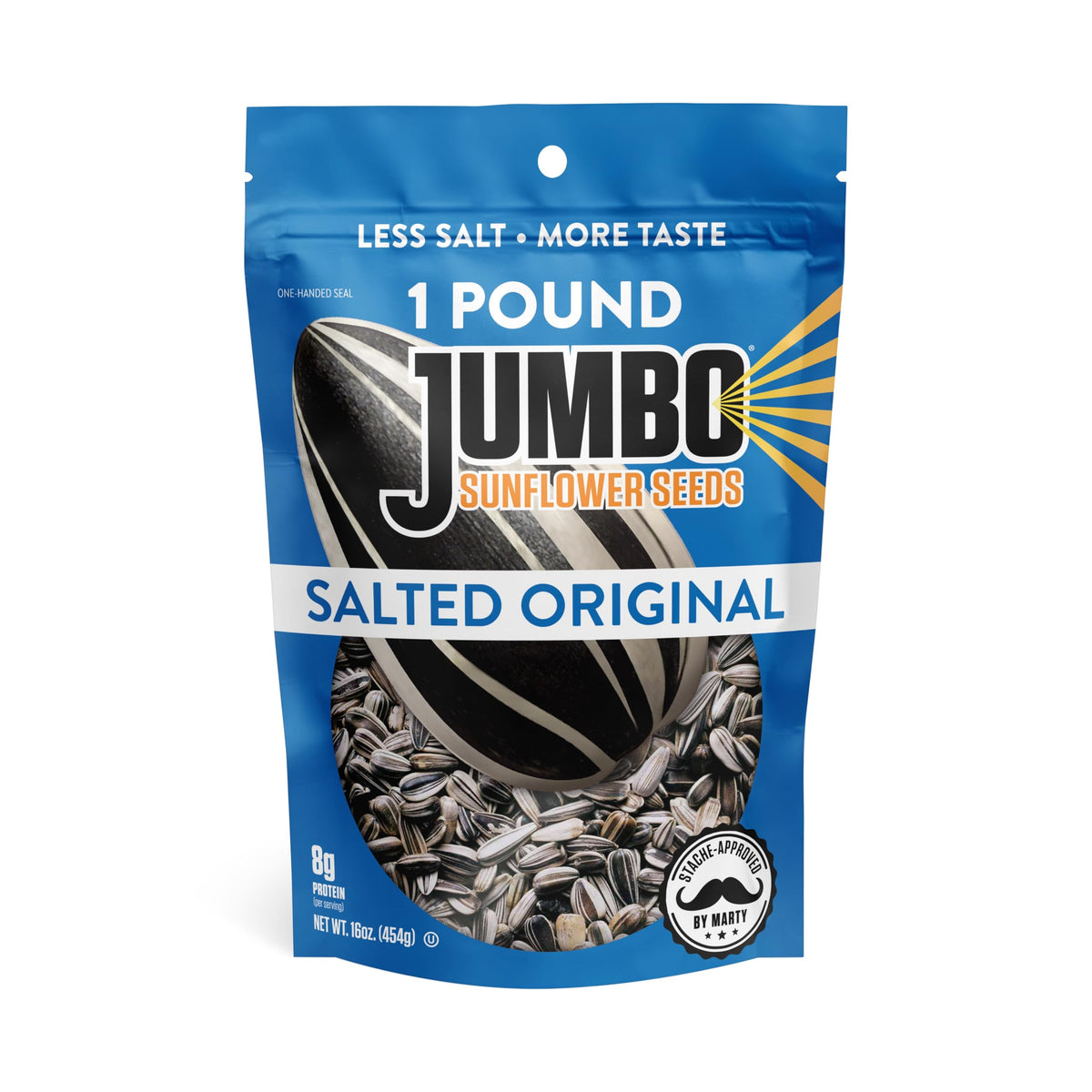 JUMBO SUNFLOWER SEEDS original 16oz bag front view for a quick nutritious snack.