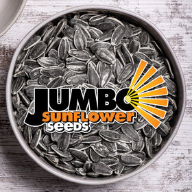 JUMBO SUNFLOWER SEEDS label view highlighting roasted and salted flavor.