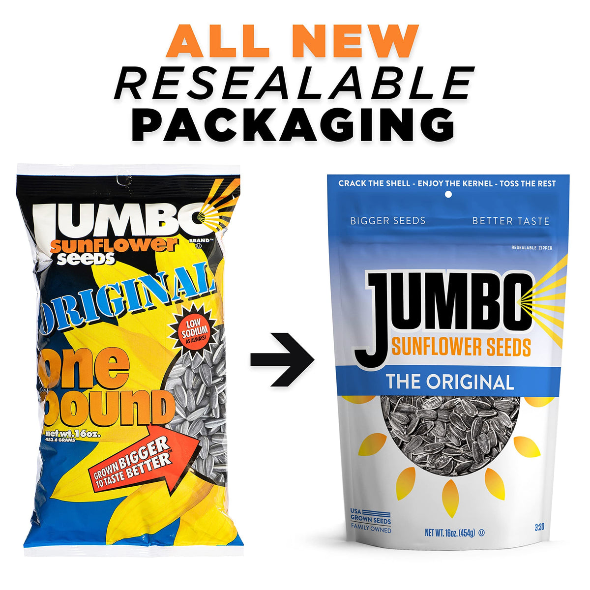 JUMBO SUNFLOWER SEEDS snack setup showing a bag and serving idea.