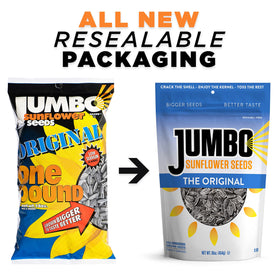JUMBO SUNFLOWER SEEDS snack setup showing a bag and serving idea.