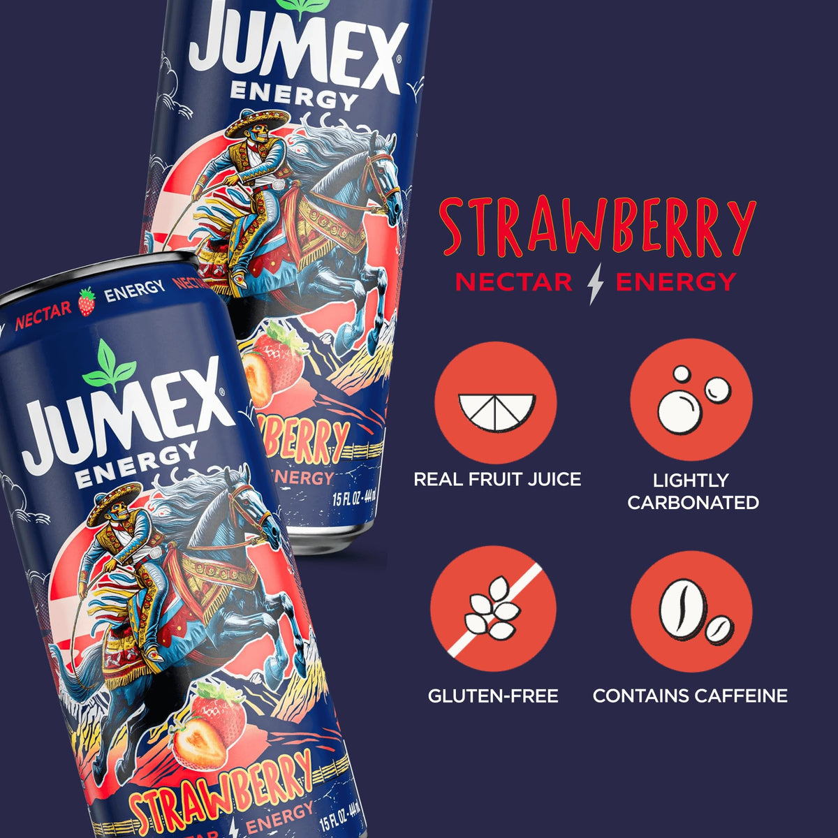 Jumex energy drink can highlighting 150 mg caffeine for a quick focus boost.