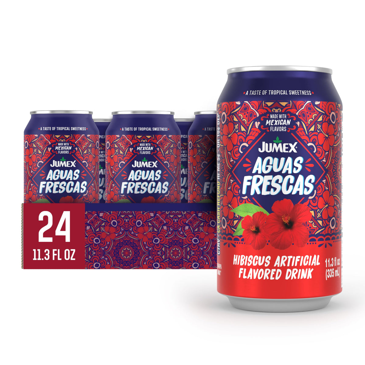 Jumex Hibiscus Agua Fresca bottle being poured for a refreshing meal pairing.