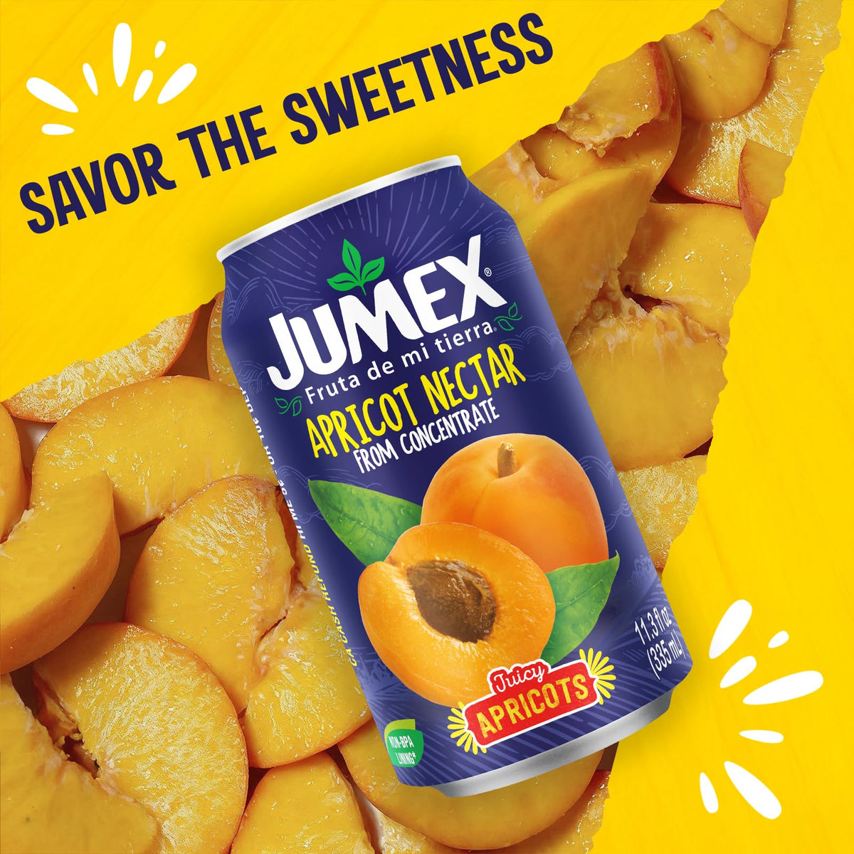 Jumex Apricot Nectar label close-up highlights authentic Mexican fruit flavor