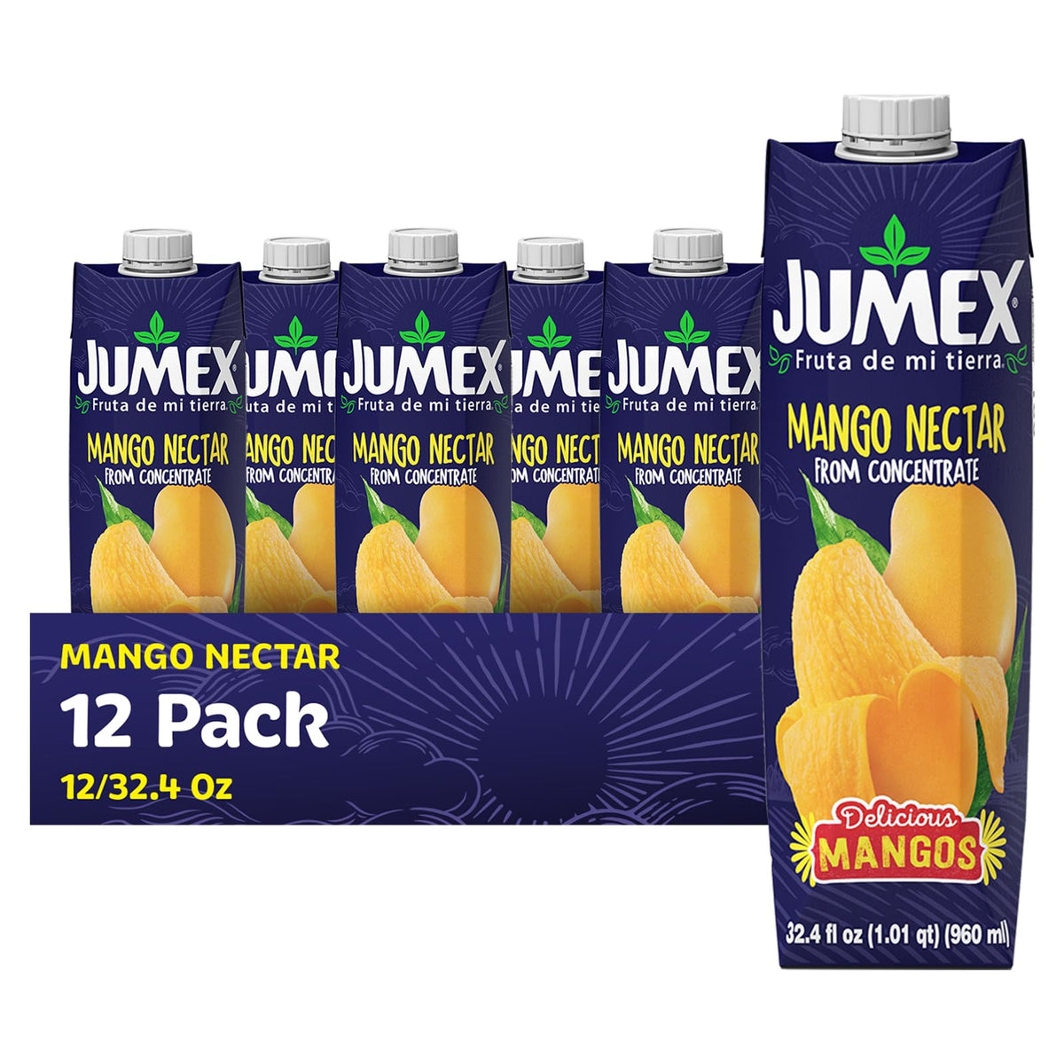 Jumex Mango Nectar bottle on counter, ready for smoothies or cocktails.