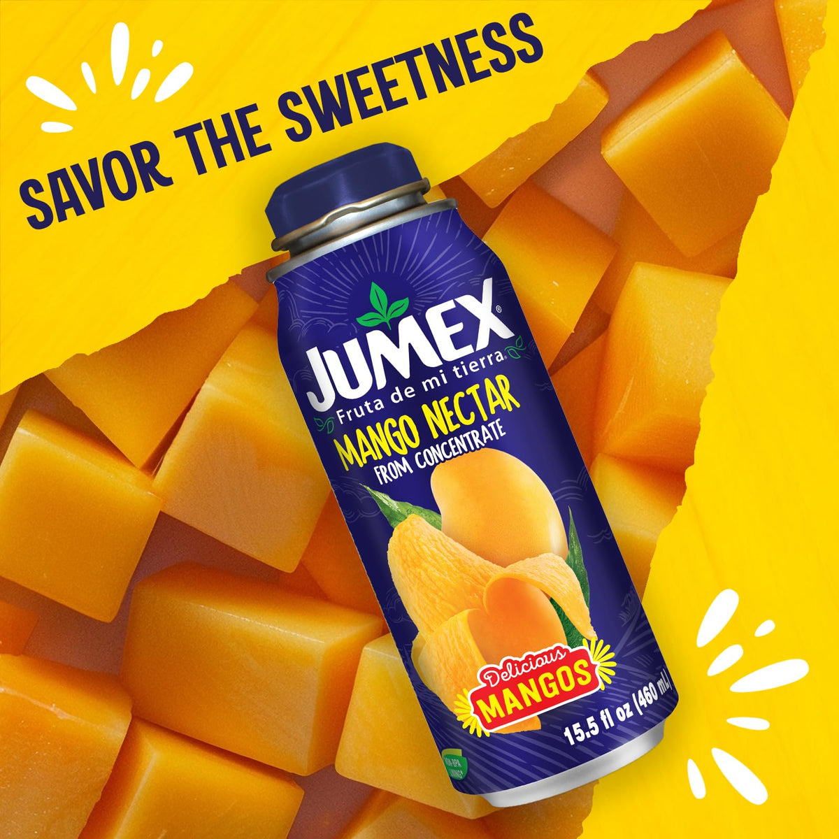 Jumex Mango Nectar stacked bottles in a bulk display for gatherings.