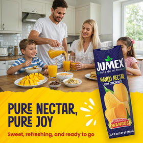 Jumex Mango Nectar glass with ice, showcasing rich mango flavor.