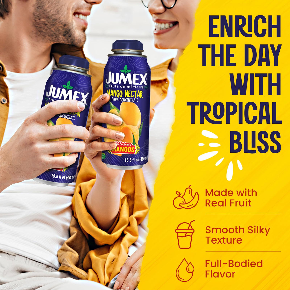 Close-up of Jumex Mango Nectar label showing real fruit puree.