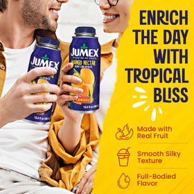 Close-up of Jumex Mango Nectar label showing real fruit puree.