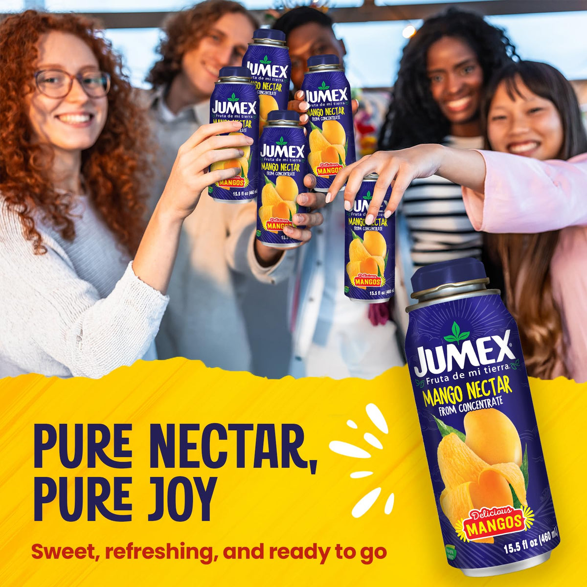Jumex Mango Nectar pour streams into a glass, perfect for smoothies and punches.