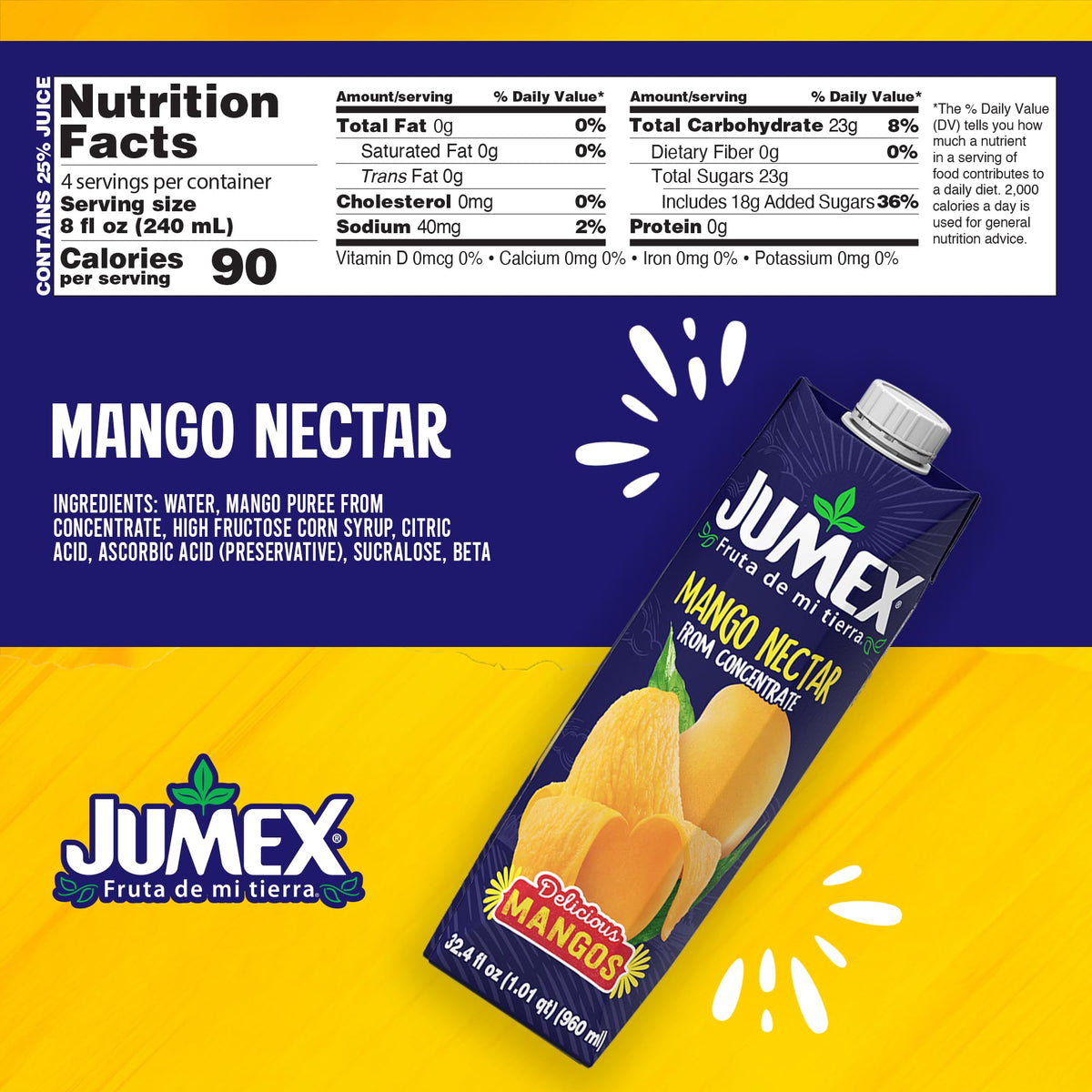 Pouring Jumex Mango Nectar into a glass for a tropical drink.