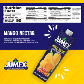Pouring Jumex Mango Nectar into a glass for a tropical drink.