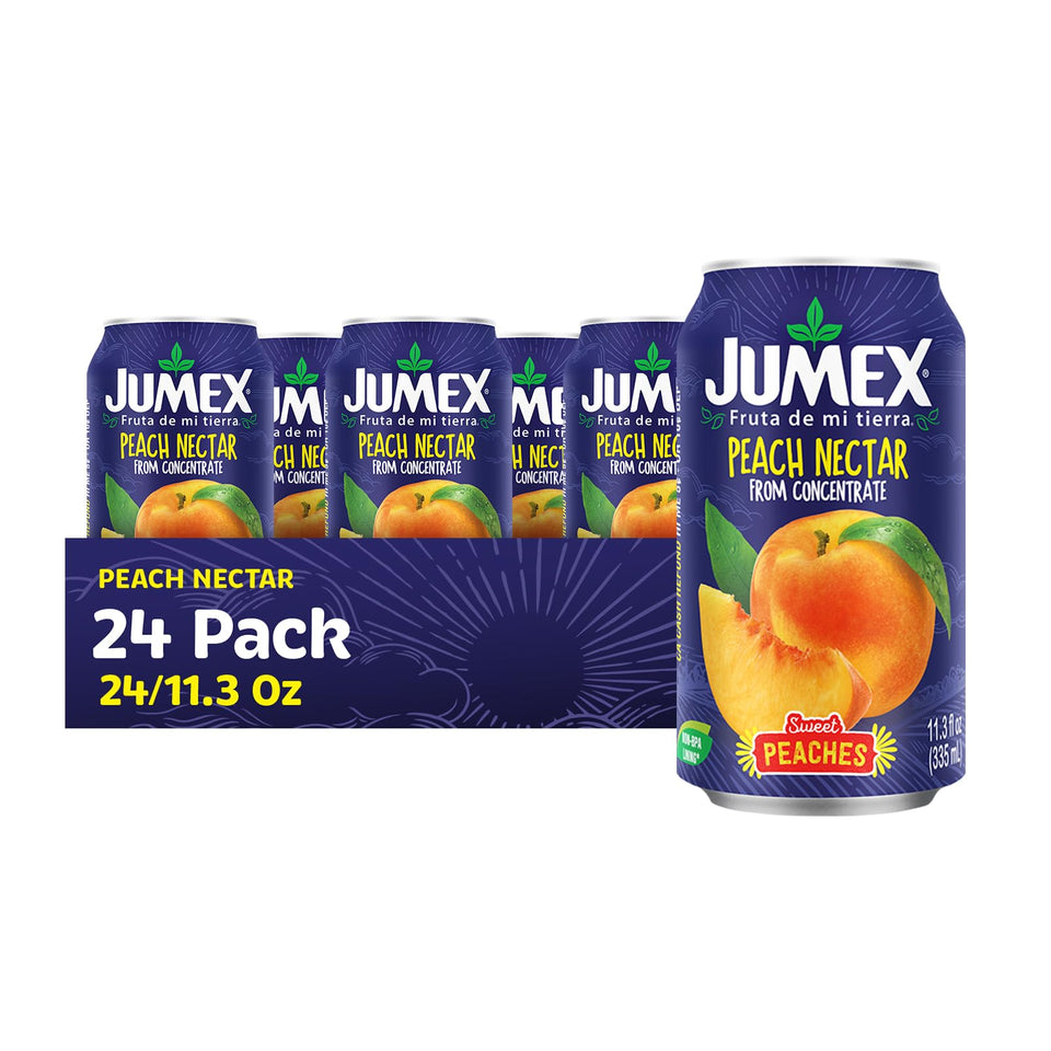 Jumex Peach Nectar bottle on counter, ideal for refreshing beverages.