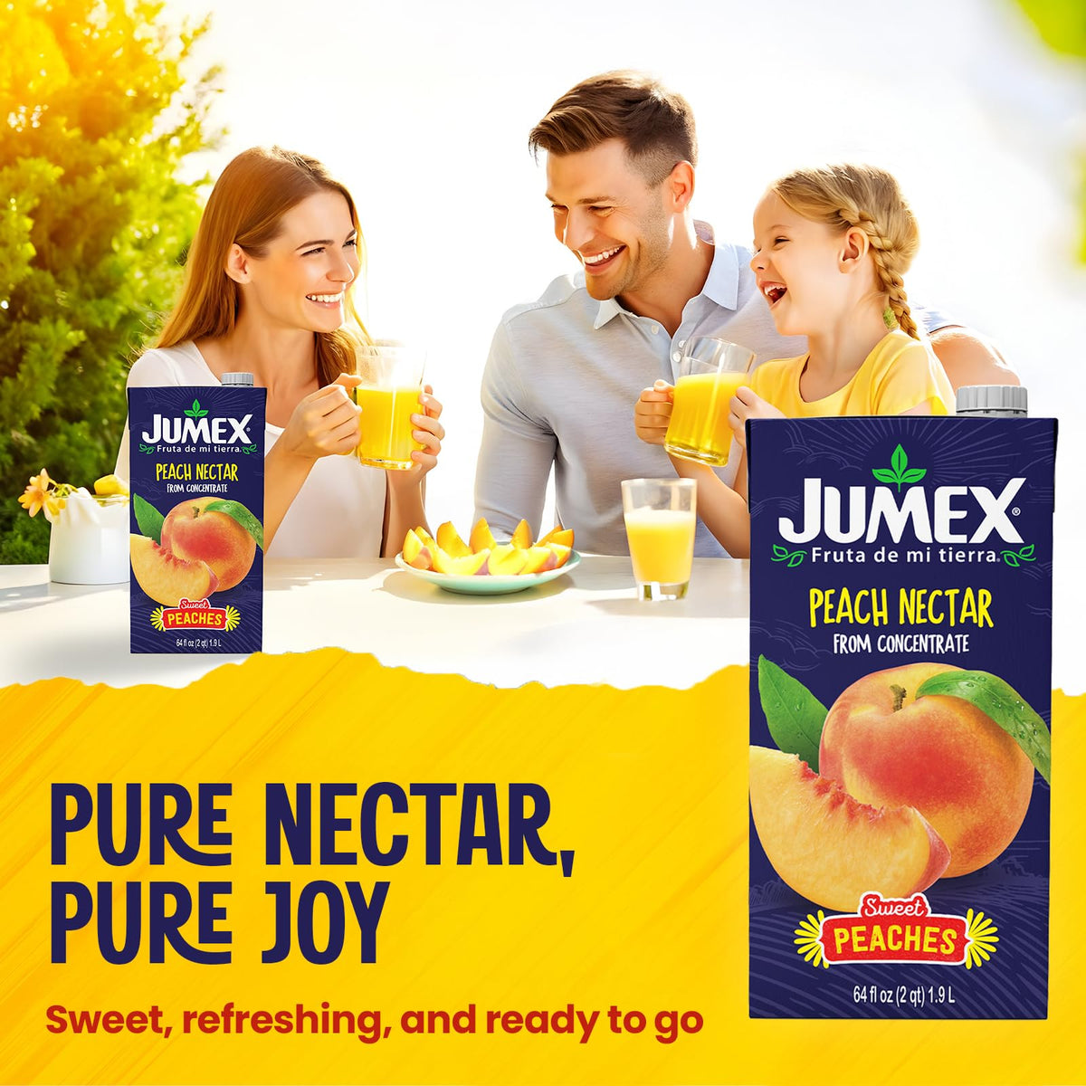 Jumex Peach Nectar carton packaging demonstrates easy bulk storage for family beverages.