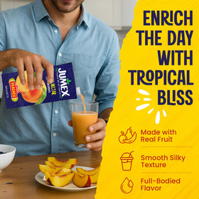 Fresh puree visible in Jumex Peach Nectar closeup, ideal as a dessert topping or recipe base.