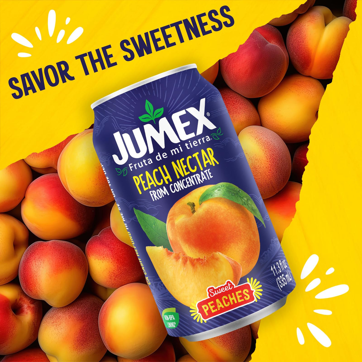 Jumex Peach Nectar pantry pack on shelf for easy access.