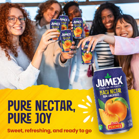 Jumex Peach Nectar being poured into a glass for a fruity drink.