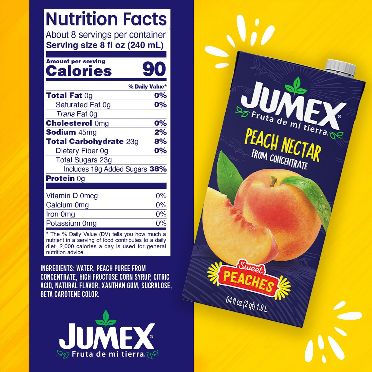 Jumex Peach Nectar being poured into a glass for smoothies and tropical cocktails.