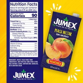 Jumex Peach Nectar being poured into a glass for smoothies and tropical cocktails.