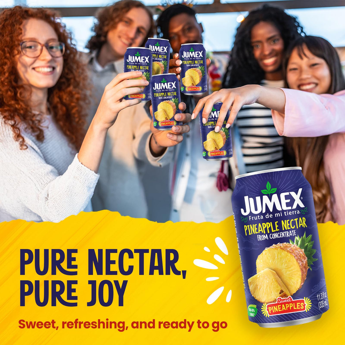 Close-up of Jumex Pineapple Juice Nectar label highlighting real fruit puree