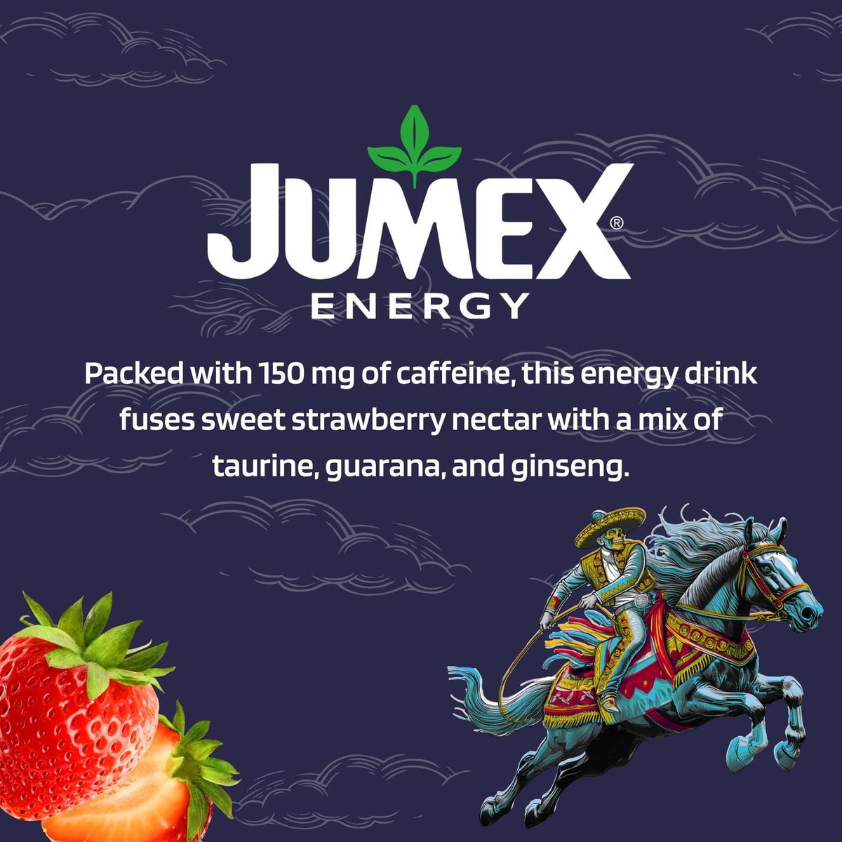 Jumex real fruit juice label on can shows natural strawberry flavor.