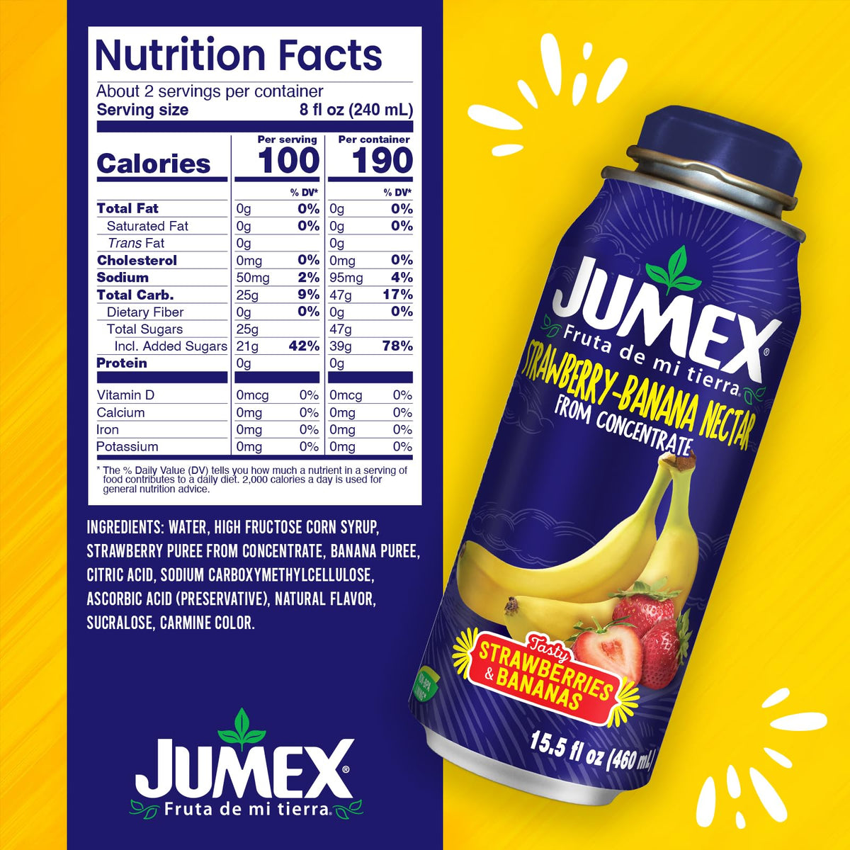 Jumex Strawberry Banana Nectar bottle label highlights resealable 15.5oz bottles.