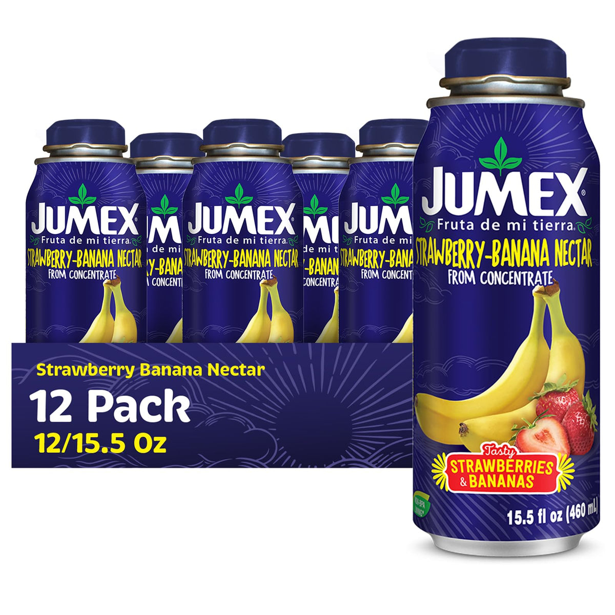 Jumex Strawberry Banana Nectar bottle pour, bold tropical flavors for smoothies.