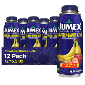 Jumex Strawberry Banana Nectar bottle pour, bold tropical flavors for smoothies.