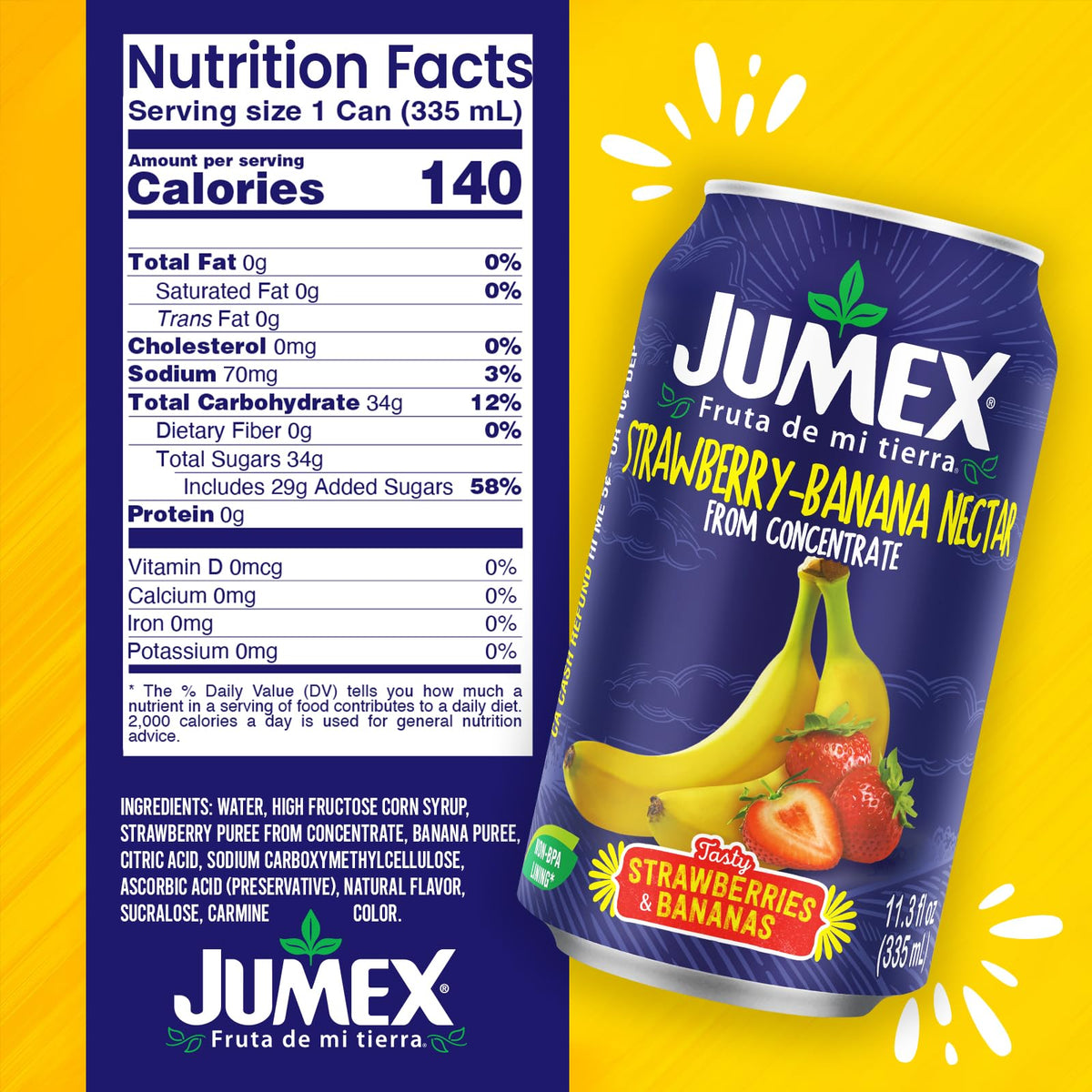 Jumex Strawberry Banana Nectar can angled view shows convenient pantry staple
