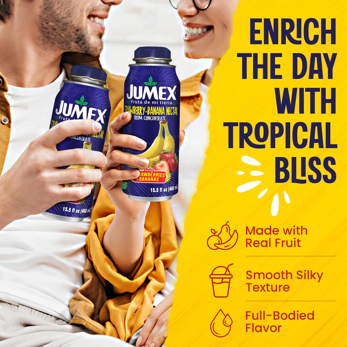 Jumex Strawberry Banana Nectar fruit puree closeup shows thick, creamy texture.