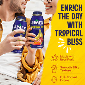 Jumex Strawberry Banana Nectar fruit puree closeup shows thick, creamy texture.