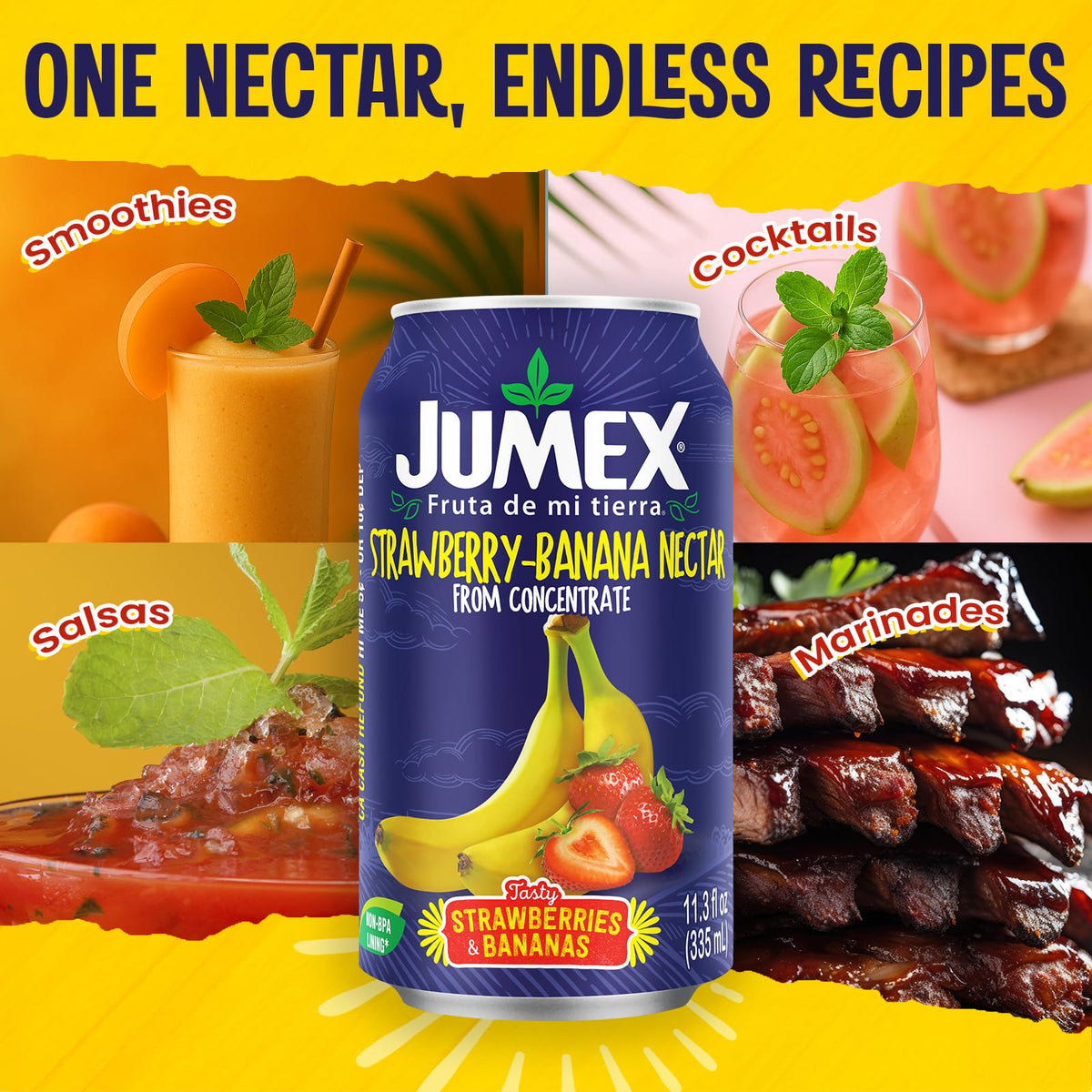 Jumex Strawberry Banana Nectar label closeup highlights authentic fruit puree