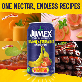 Jumex Strawberry Banana Nectar label closeup highlights authentic fruit puree