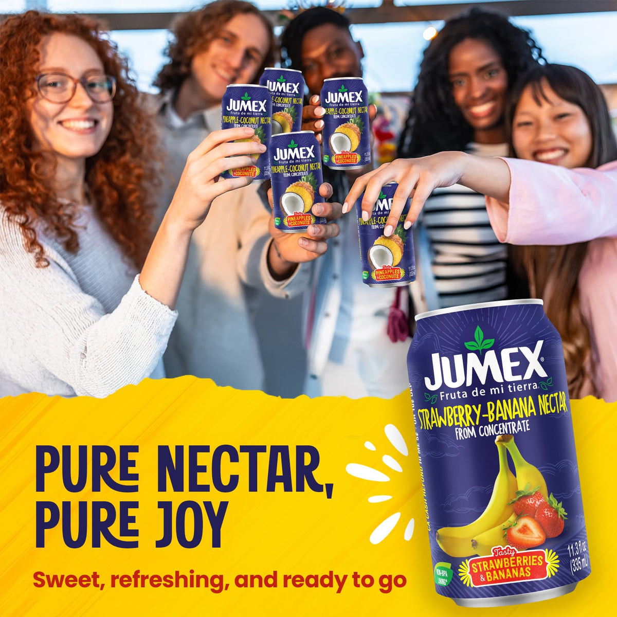 Jumex Strawberry Banana Nectar pour into glass emphasizes smooth texture for smoothies