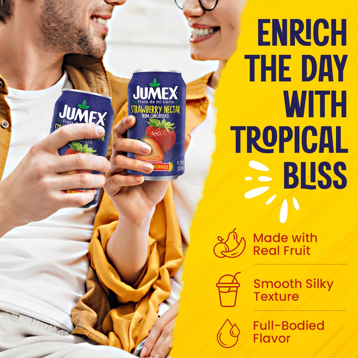 Jumex Strawberry Nectar in glass, refreshing finish for family gatherings.