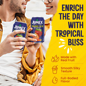 Jumex Strawberry Nectar in glass, refreshing finish for family gatherings.