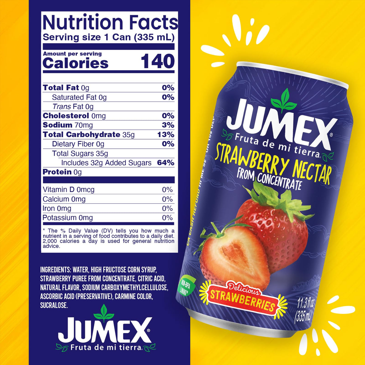 Jumex Strawberry Nectar label close-up highlighting real fruit puree.