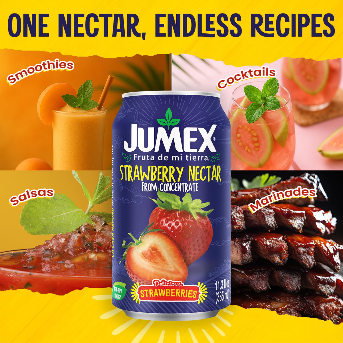 Jumex Strawberry Nectar bottle beside a mocktail for party-ready drinks.