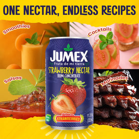 Jumex Strawberry Nectar bottle beside a mocktail for party-ready drinks.